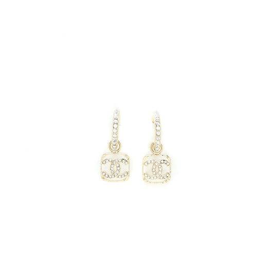 Chanel 23P Square CC Logo Drop Earrings Crystal Light Gold Tone