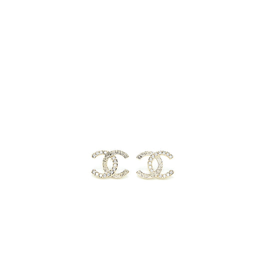 Chanel 23P CC Logo Earrings Large Model Crystal Light Gold Tone