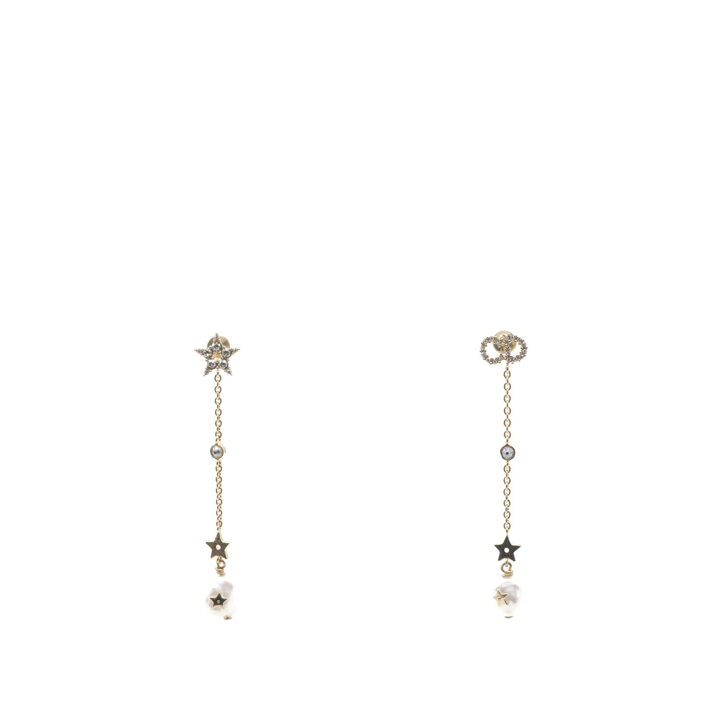 Dior Pearl Crystal Shiny-D Dangle Chain Earrings Gold