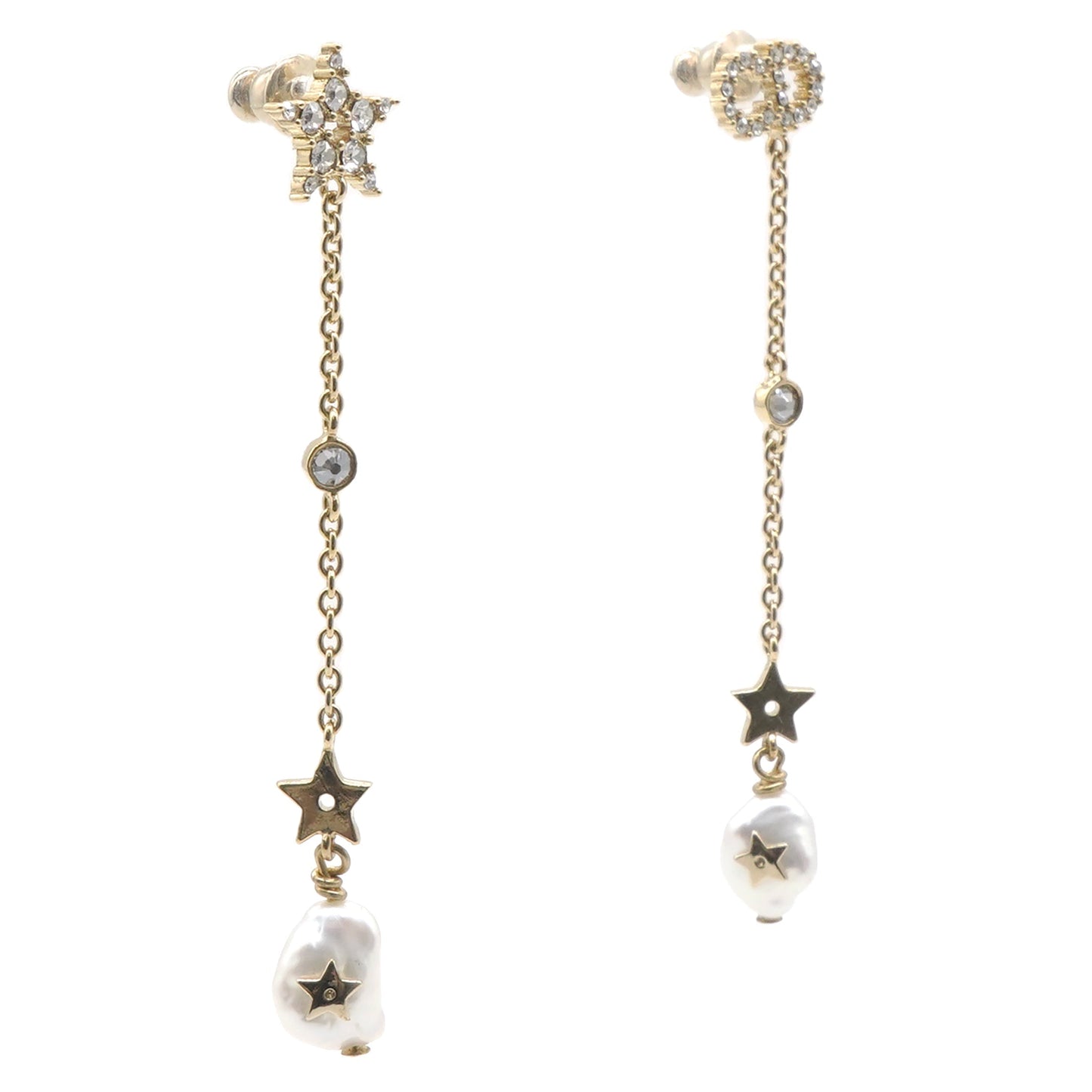 Dior Pearl Crystal Shiny-D Dangle Chain Earrings Gold