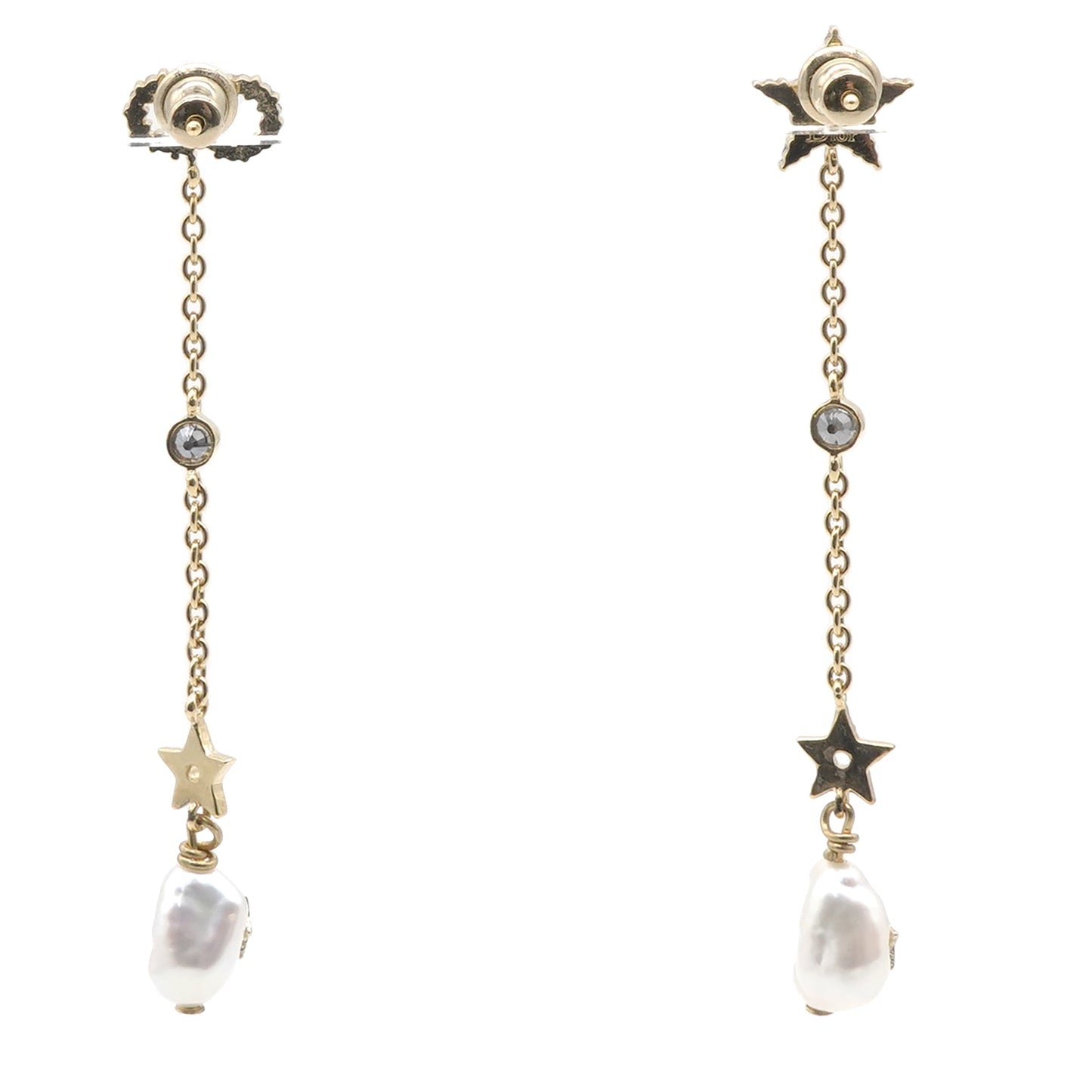 Dior Pearl Crystal Shiny-D Dangle Chain Earrings Gold
