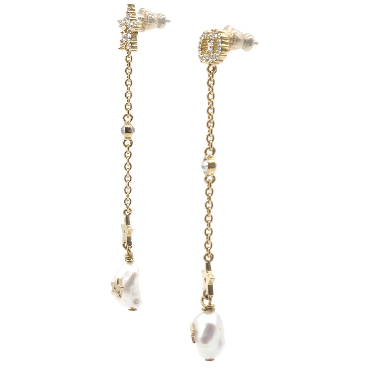 Dior Pearl Crystal Shiny-D Dangle Chain Earrings Gold