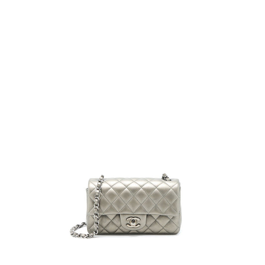 Chanel 21B Mini Rectangular Flap Bag Calfskin Metallic Silver hiny Ruthenium Hardware (Microchip)