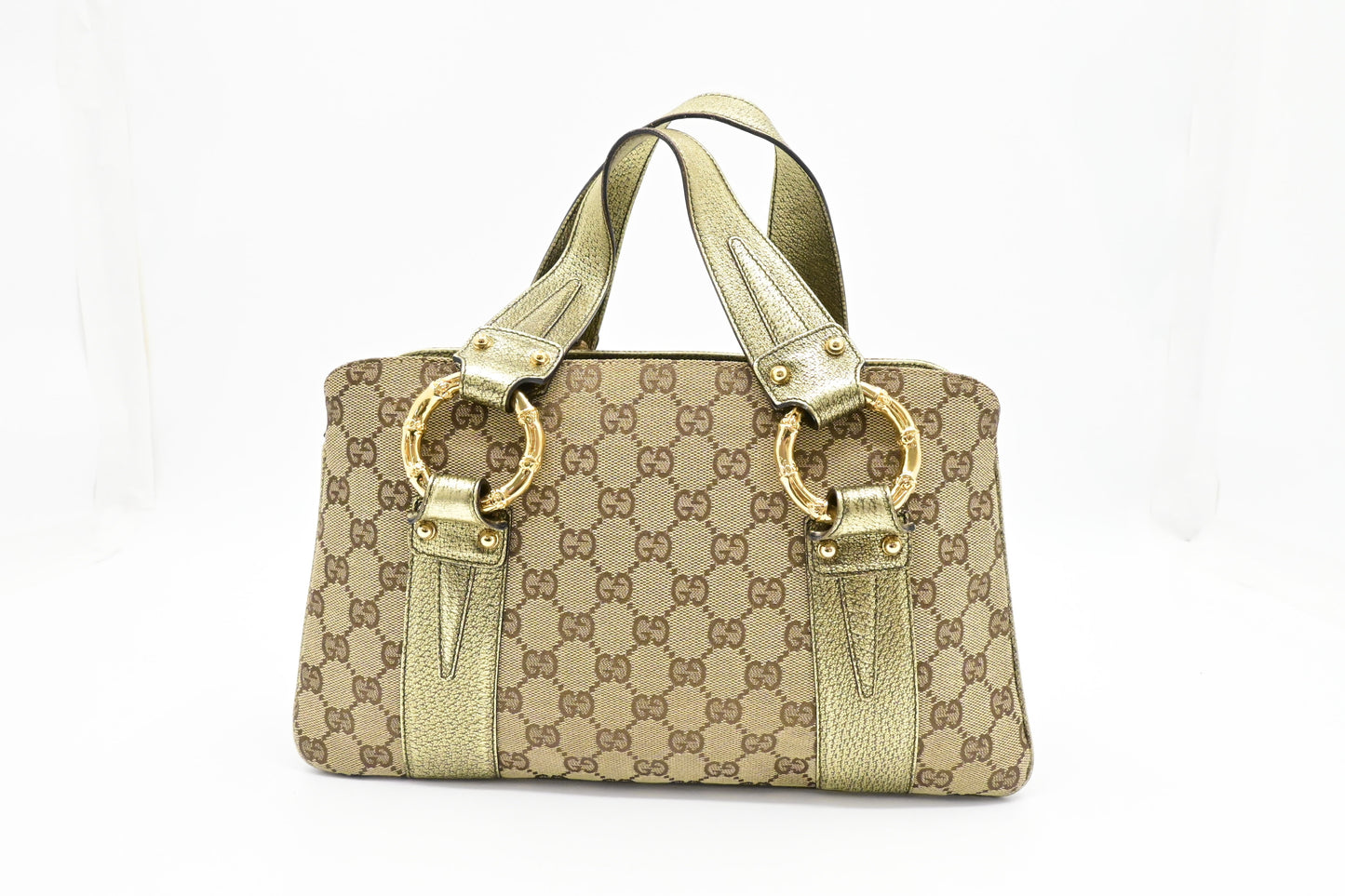 Gucci Handbag in Green Metallic Leather and Beige Canvas