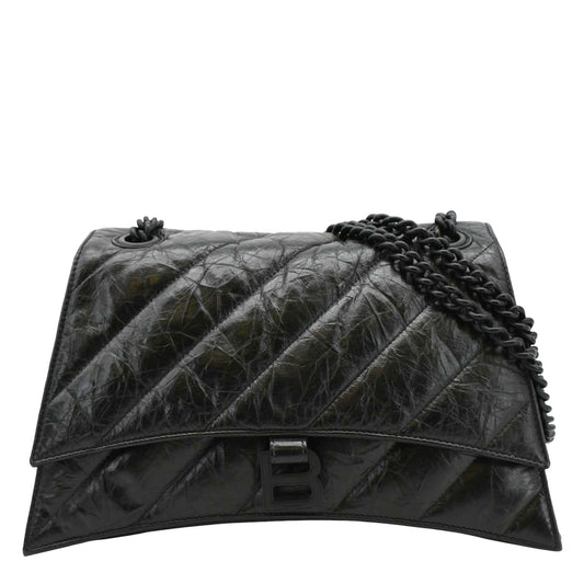 BALENCIAGA Hourglass Medium Crushed Leather Chain Wallet Shoulder Bag Black