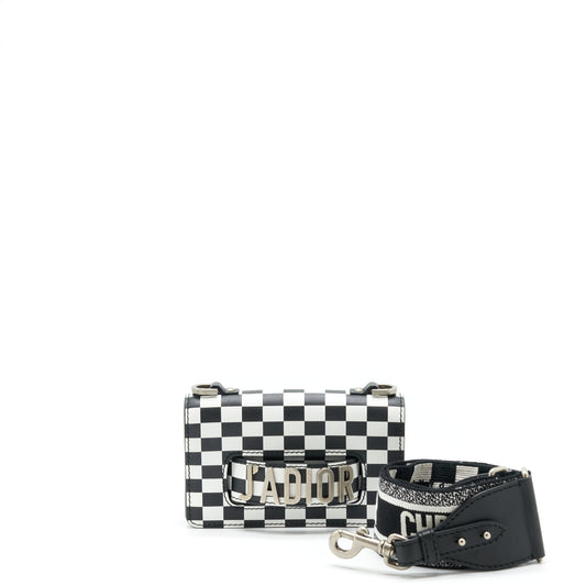 Dior Mini J’adior Flap Purse Black/ White With Wide Shoulder Strap
