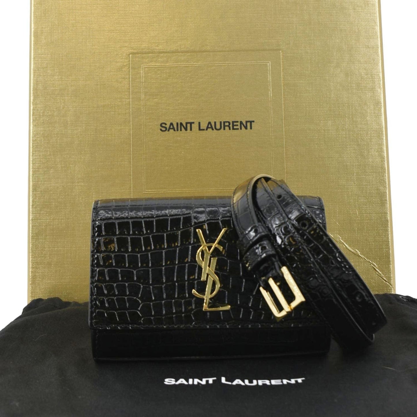 YVES SAINT LAURENT Kate Crocodile Embossed Leather Belt Bag Black