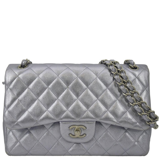 CHANEL Jumbo Flap Quilted Leather Shoulder Bag Silver