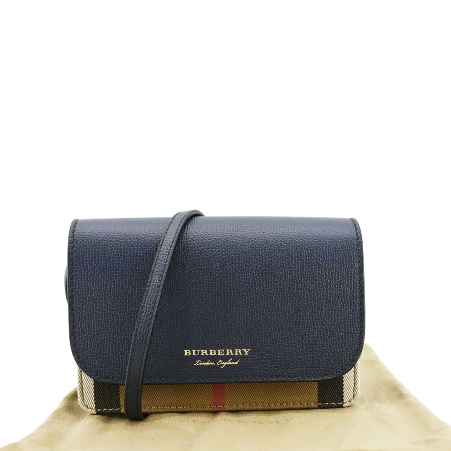 BURBERRY Hampshire Small Ho  Check Wallet On Chain Crossbody Bag Navy Blue