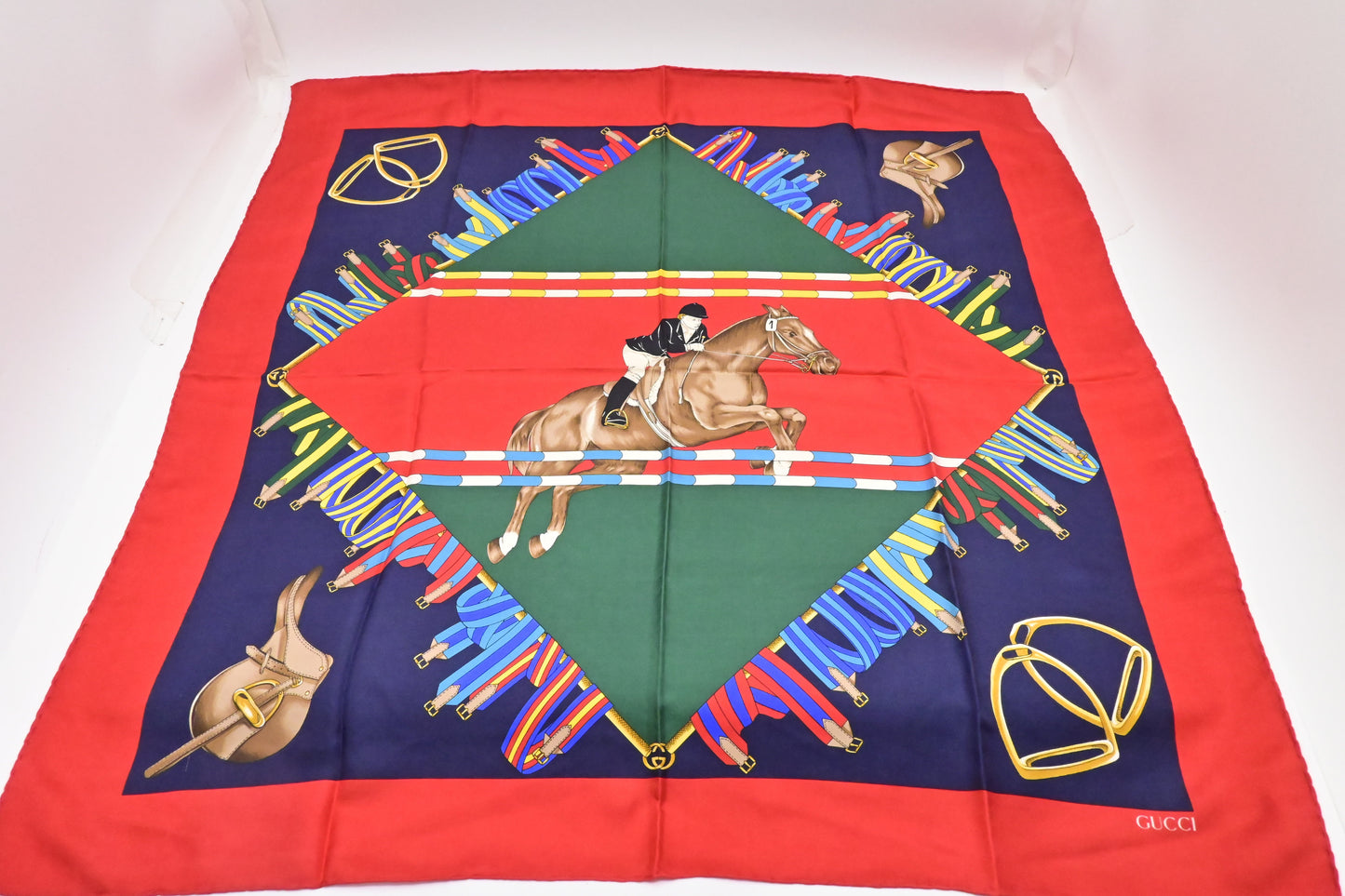 Gucci Horse Jockey Scarf in Red Multicolor Silk