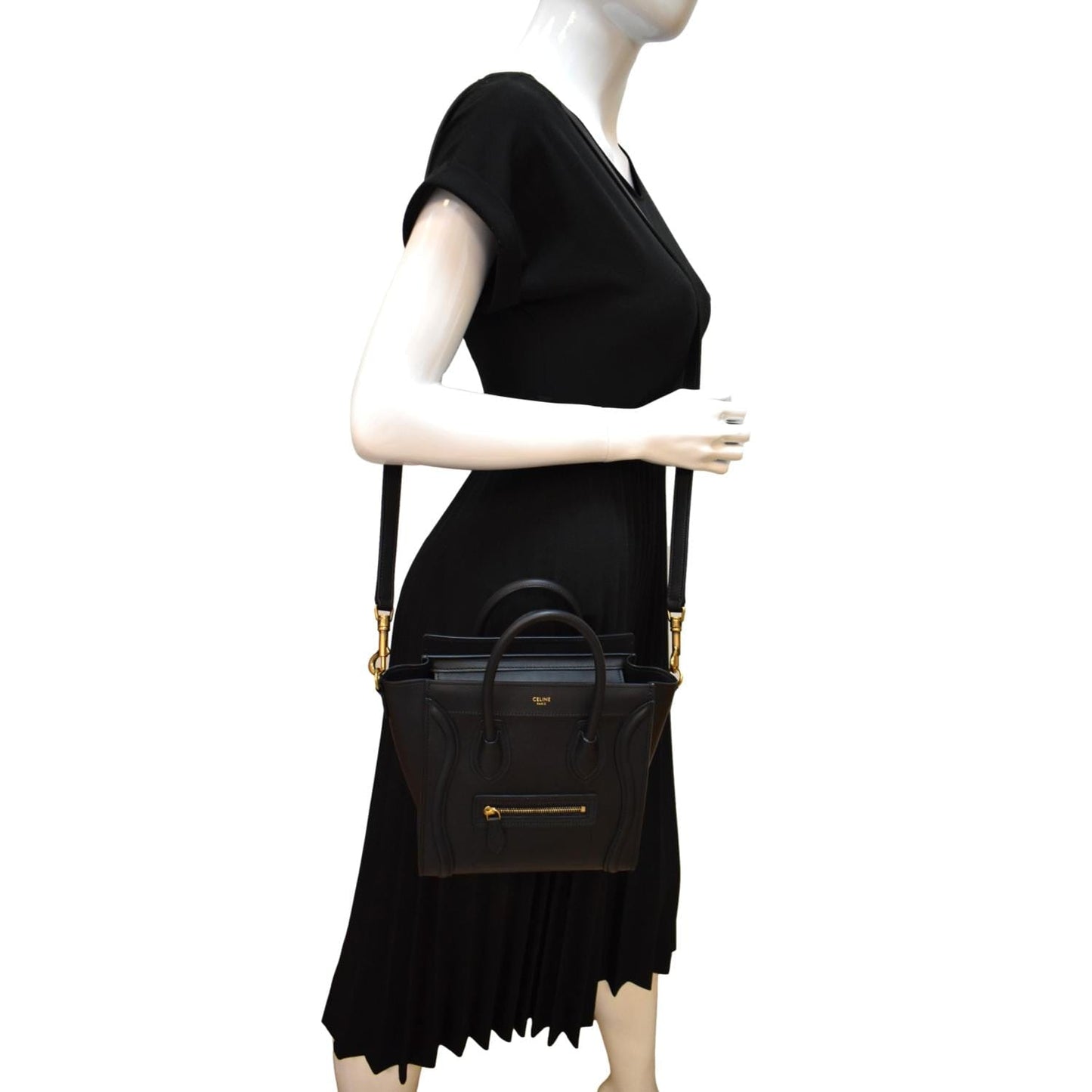 CELINE Nano Luggage Smooth Leather Tote Crossbody Bag Black