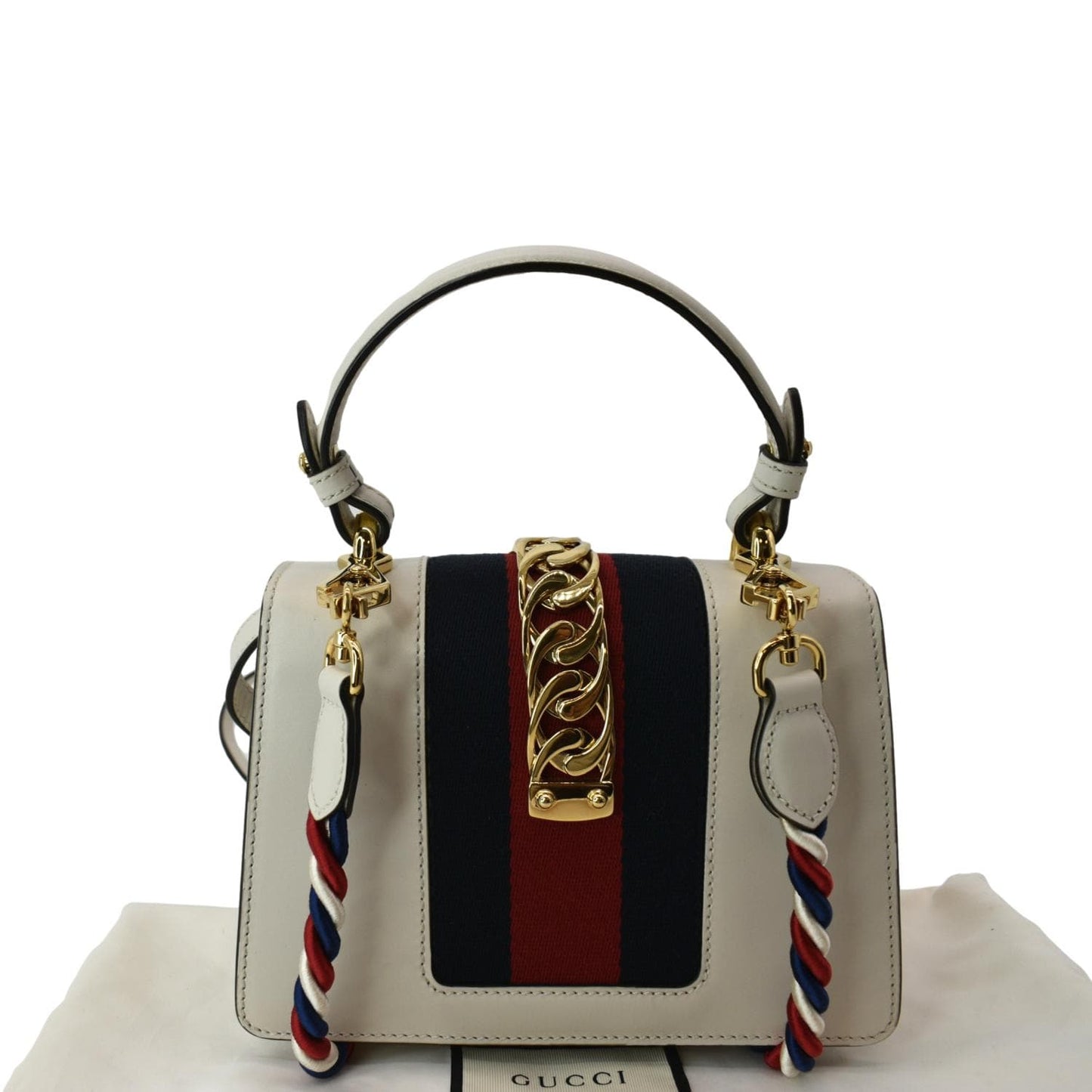 GUCCI Sylvie Mini Leather Top Handle Crossbody Bag White 470270