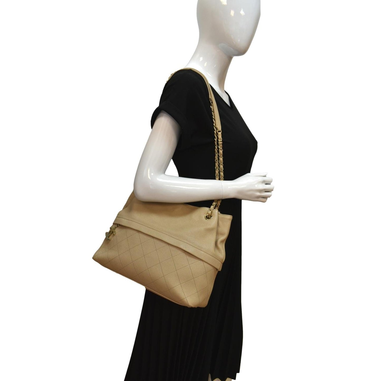 CHANEL Zip Carry Grained Calfskin Leather Shopping Tote Bag Beige