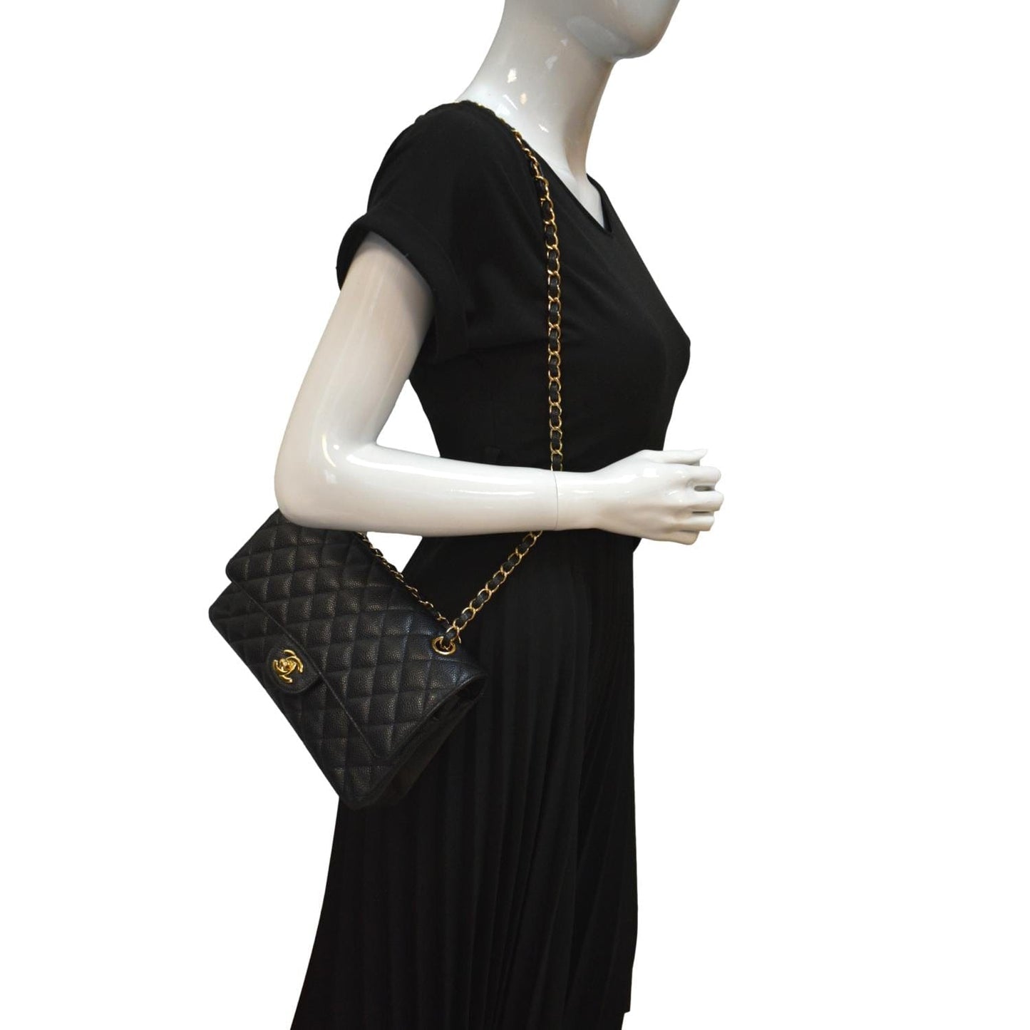 CHANEL Classic Double Flap Medium Caviar Leather Shoulder Bag Black