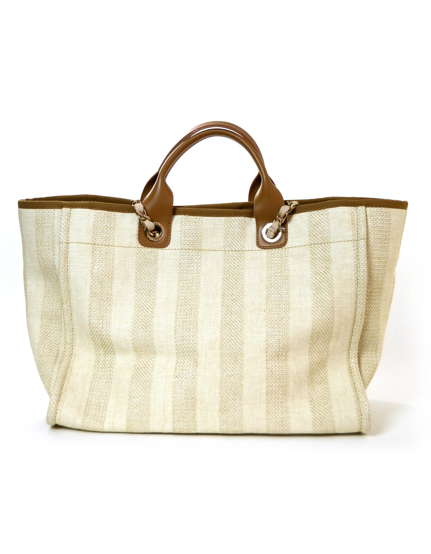 Chanel 2020 Beige Mixed Fibers Striped Large Deauville Tote