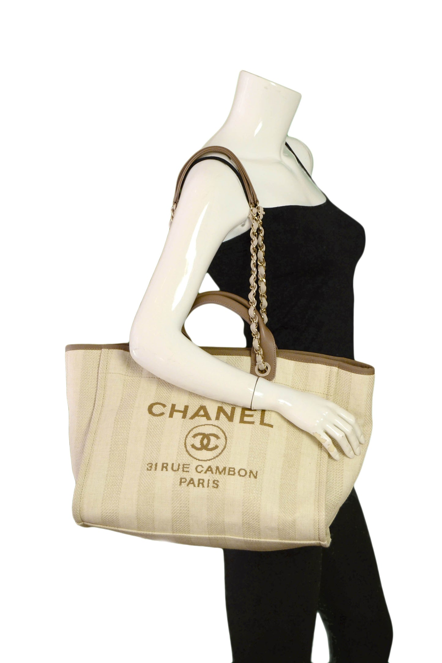 Chanel 2020 Beige Mixed Fibers Striped Large Deauville Tote