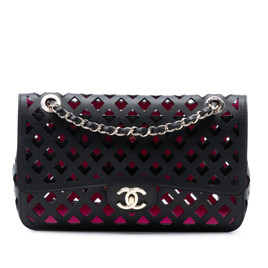 Black Chanel Large Perforated Calfskin See Through Flap Crossbody Bag
