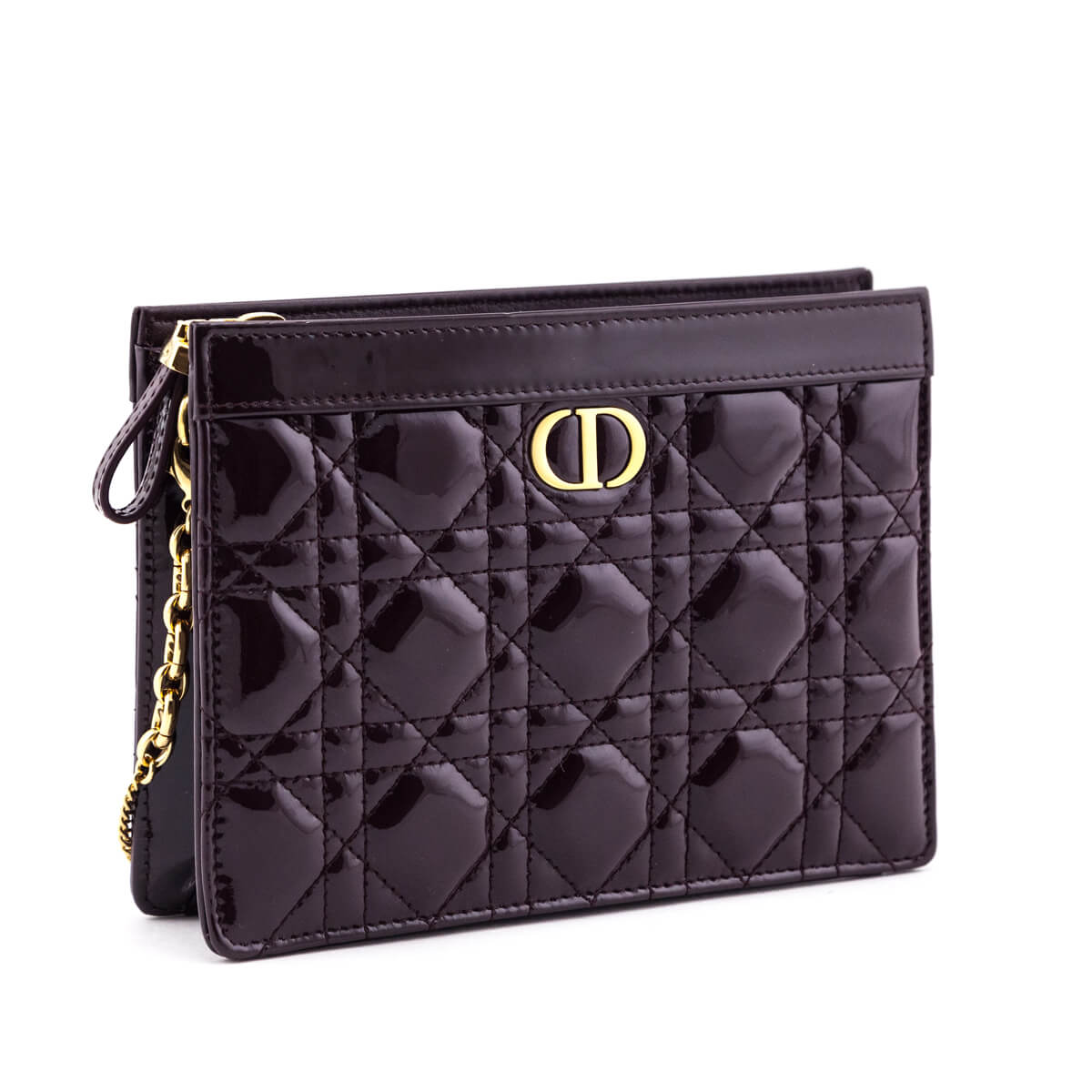Dior Burgundy Patent Quilted Cannage Caro Zipped Pouch With Chain