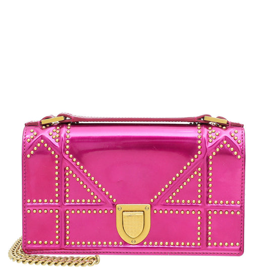 Christian Dior Metallic Fuchsia Studded Diorama Wallet on Chain