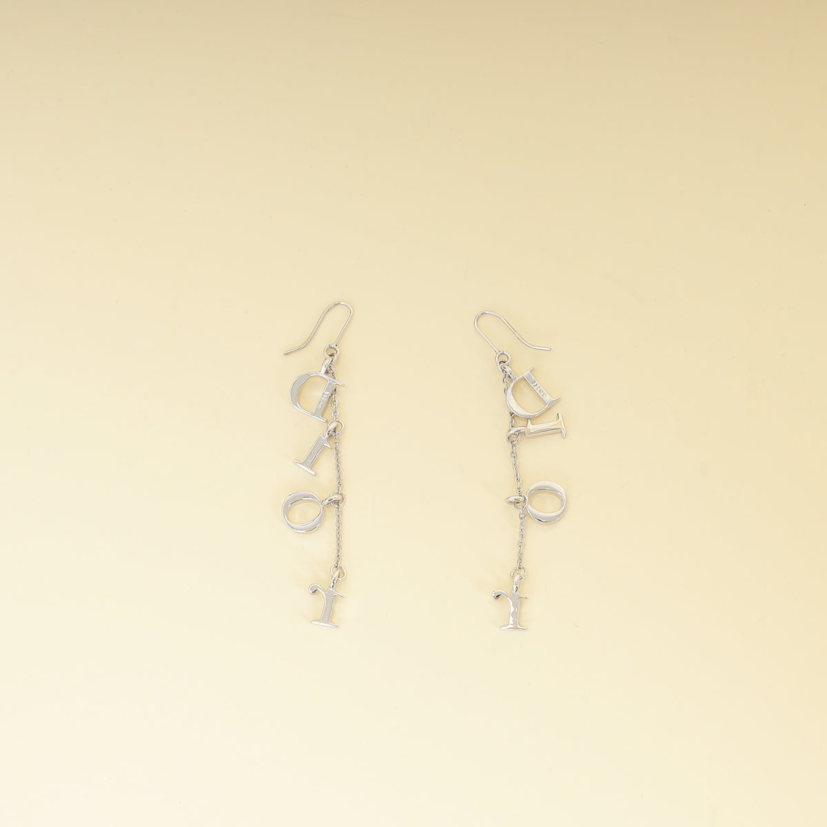 Christian Dior Silver Finish Crystal Logo Letters Dangle Drop Earrings