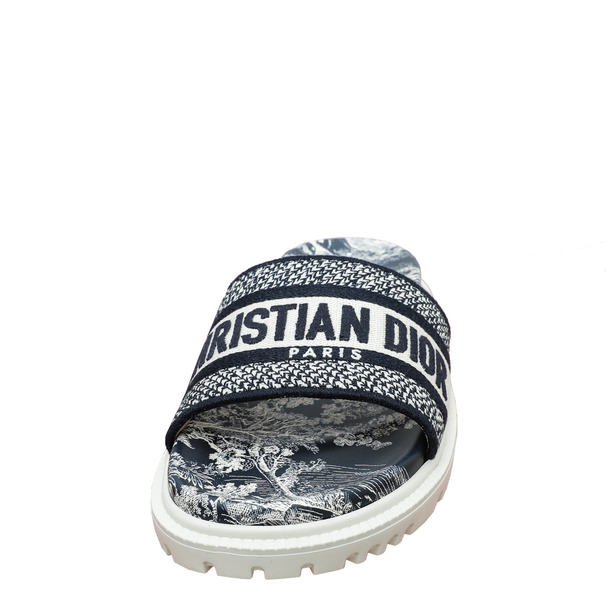 Christian Dior Navy Blue Dway Toile De Jouy Embroidered Flat Slide Sandals 36