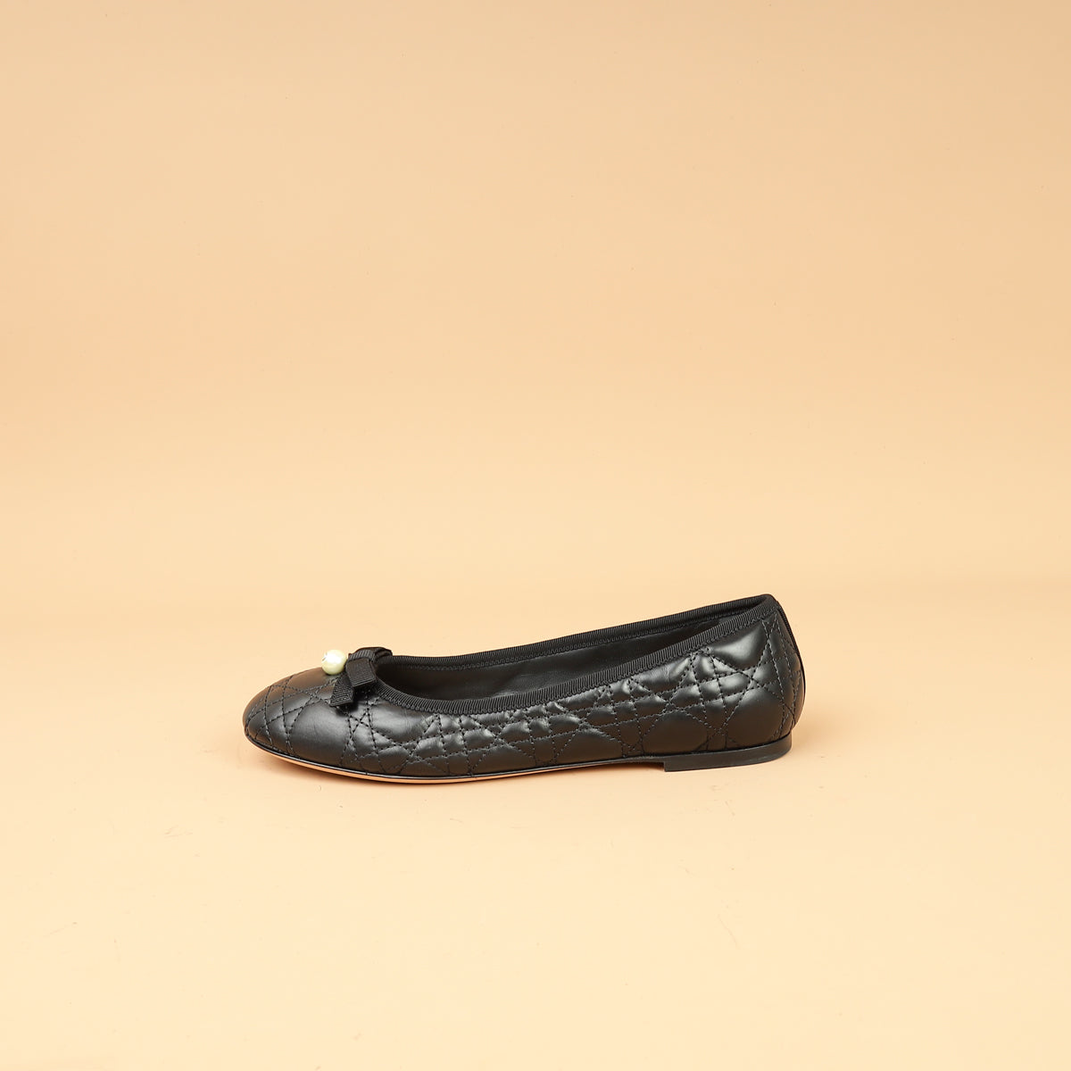 Christian Dior Black Cannage CD Pearl Bow Ballet Flats 38
