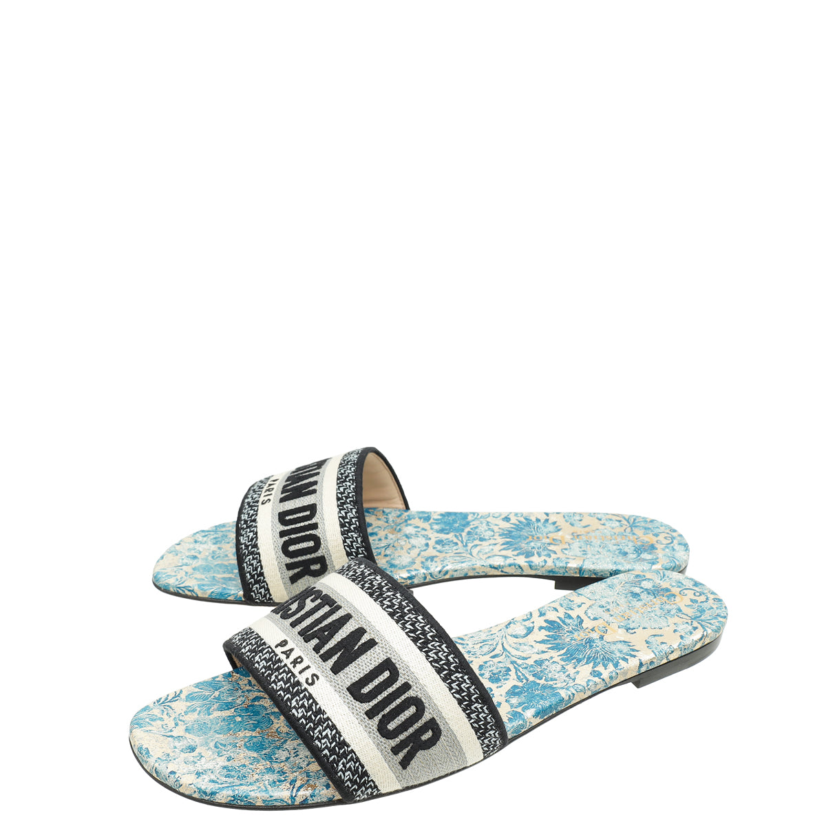 Christian Dior Canard Blue Brocart Dway Slides 40.5
