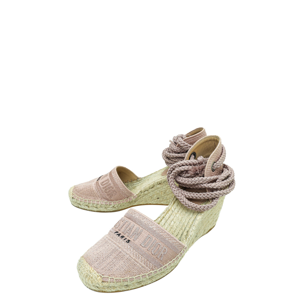 Christian Dior Rose De Vents Embroidered Granville Ankle Tie Espadrille Wedge 39