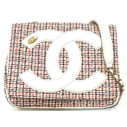 CHANEL Shoulder Bag Leather, Tweed White x red CC COCO Mark flap pochette