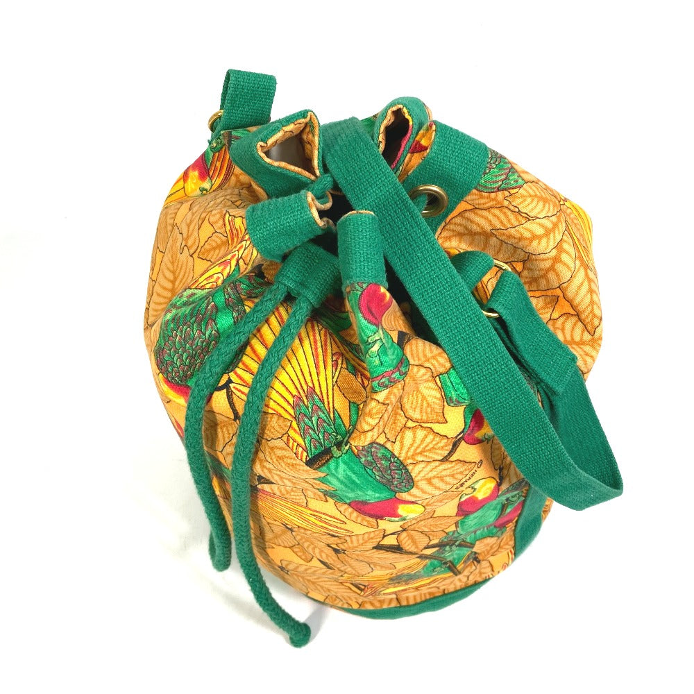 HERMES Shoulder Bag cotton Orange one belt Flower Parrot Bird Pattern Purse Women  d