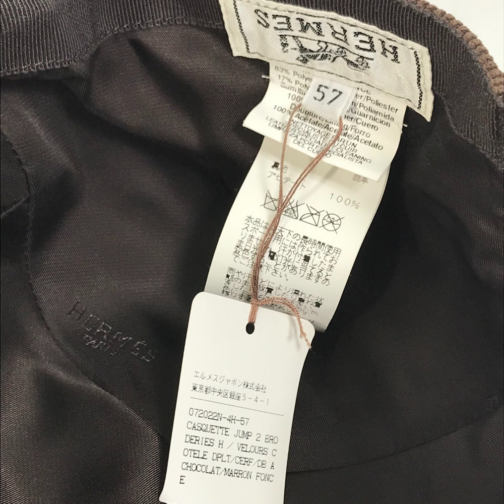 HERMES cap 072022N polyester Brown H logo Corduroy Women 57  d