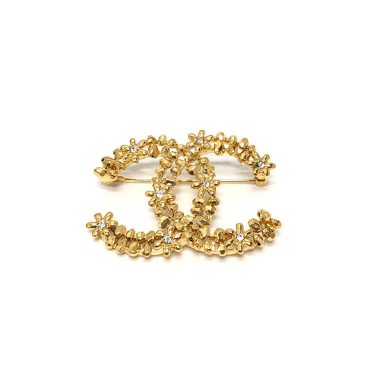 CHANEL Brooch metal gold 23A CC COCO Mark Flower Rhinestone Women