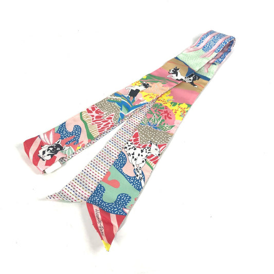 HERMES scarf silk multicolor Embroidery dog puppy dog Twilly Twins Women  d