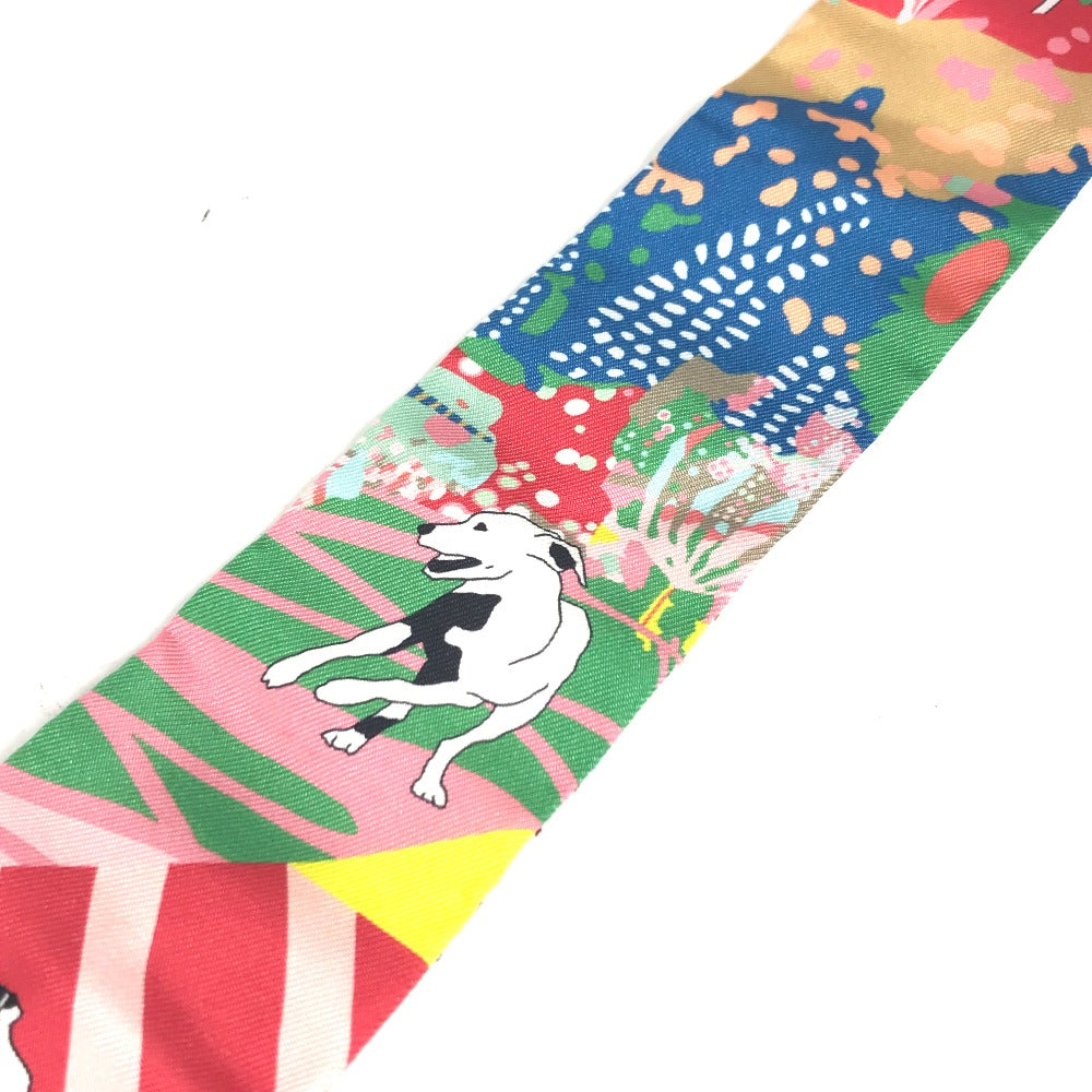 HERMES scarf silk multicolor Embroidery dog puppy dog Twilly Twins Women  d