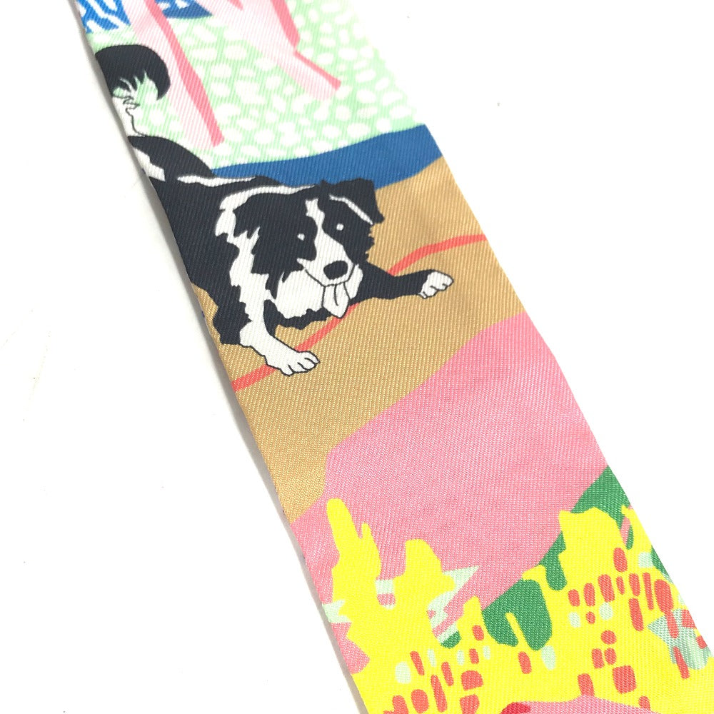 HERMES scarf silk multicolor Embroidery dog puppy dog Twilly Twins Women  d