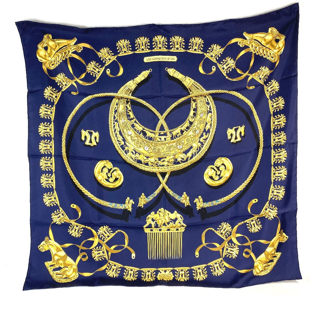 HERMES scarf silk Navy x gold LES CAVALIERS D'OR Golden knight Women  d
