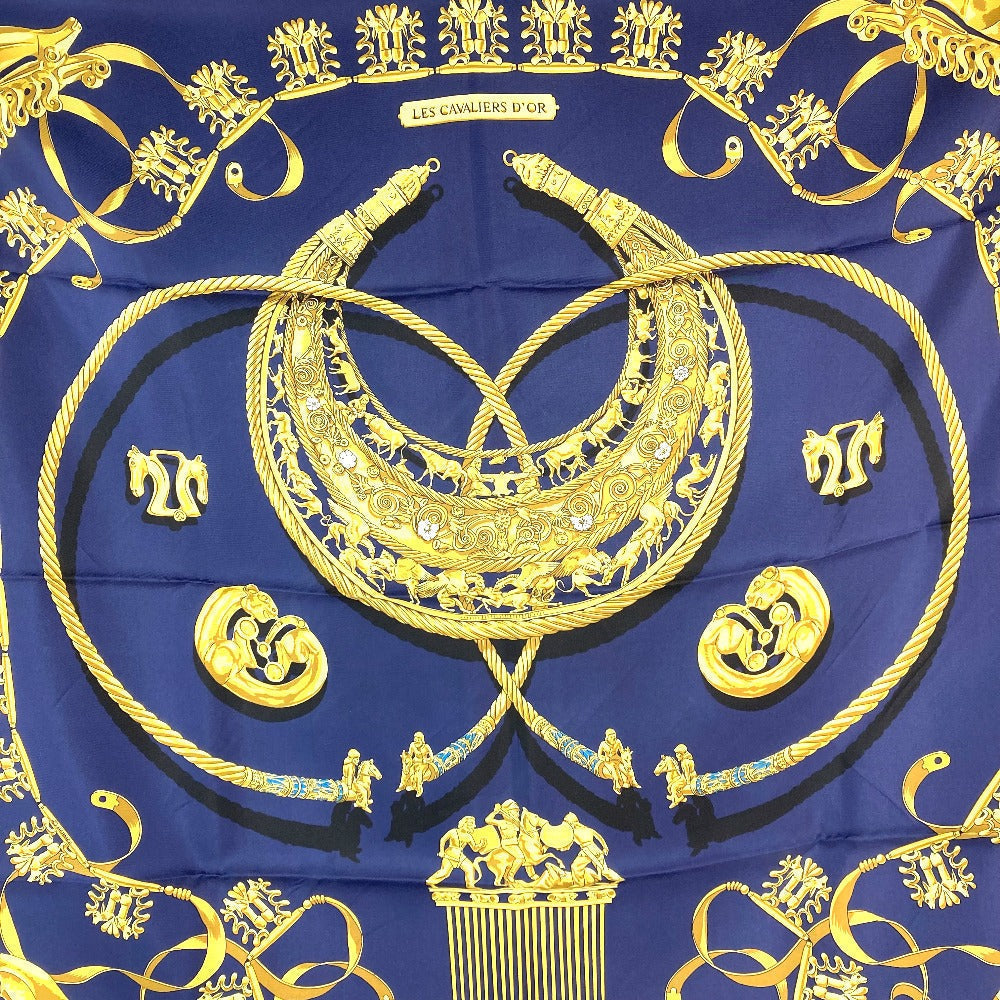 HERMES scarf silk Navy x gold LES CAVALIERS D'OR Golden knight Women  d
