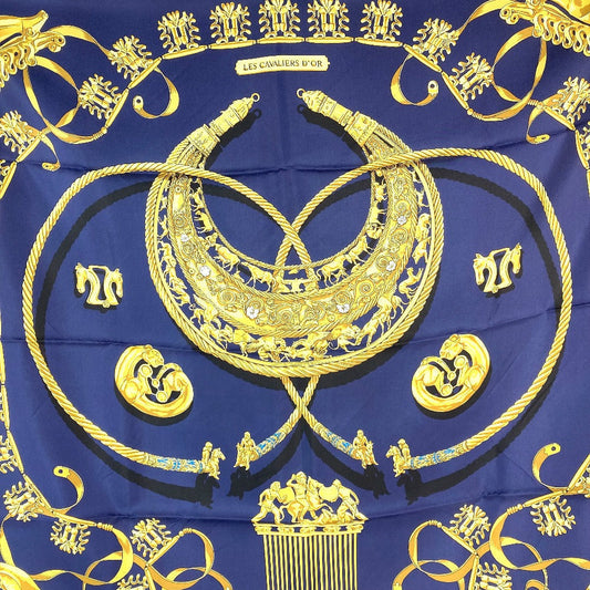 HERMES scarf silk Navy x gold LES CAVALIERS D'OR Golden knight Women  d