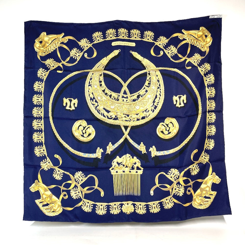 HERMES scarf silk Navy x gold LES CAVALIERS D'OR Golden knight Women  d