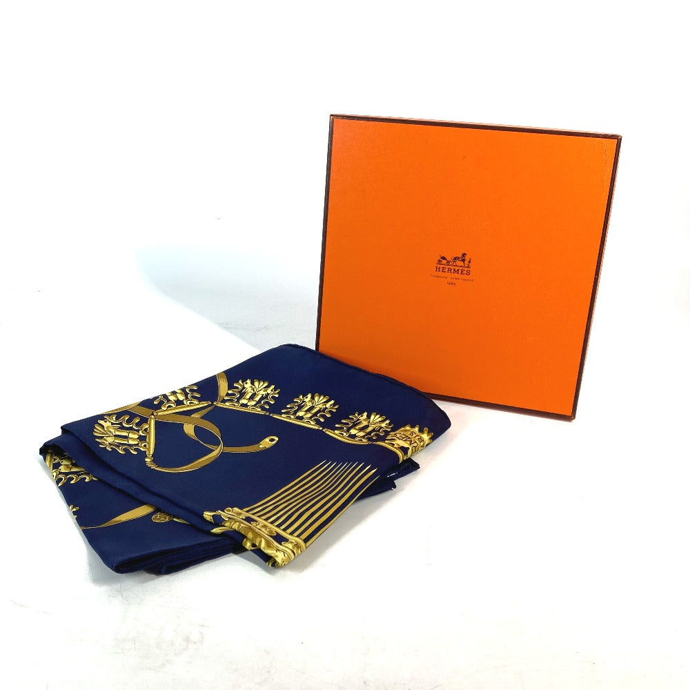 HERMES scarf silk Navy x gold LES CAVALIERS D'OR Golden knight Women  d