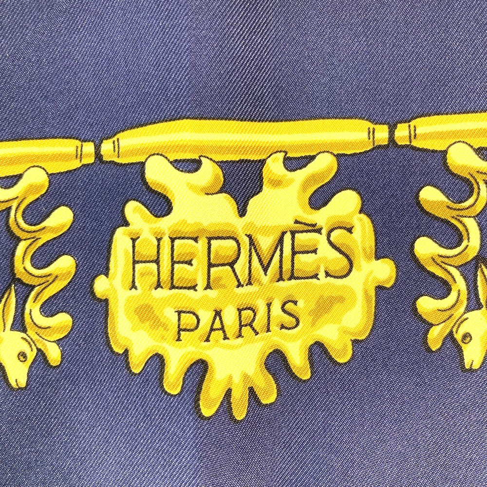HERMES scarf silk Navy x gold LES CAVALIERS D'OR Golden knight Women  d