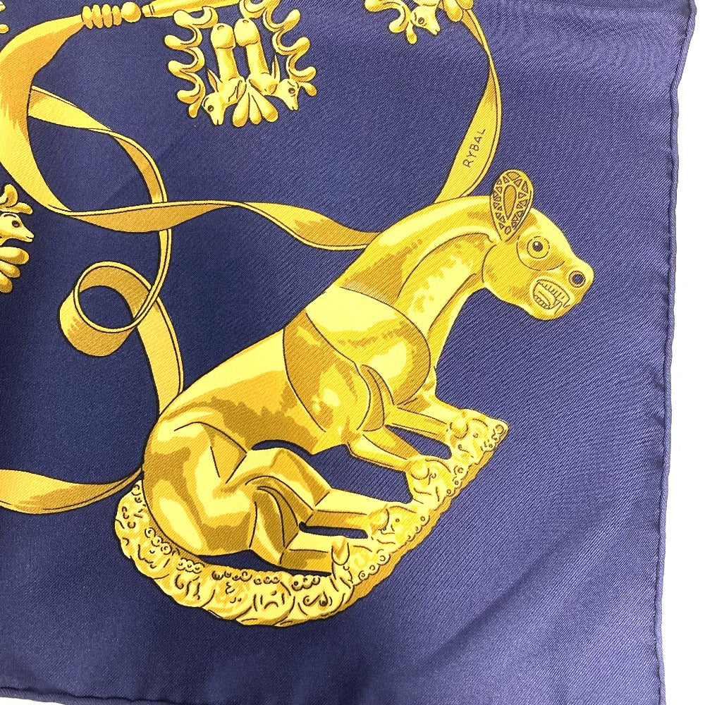 HERMES scarf silk Navy x gold LES CAVALIERS D'OR Golden knight Women  d