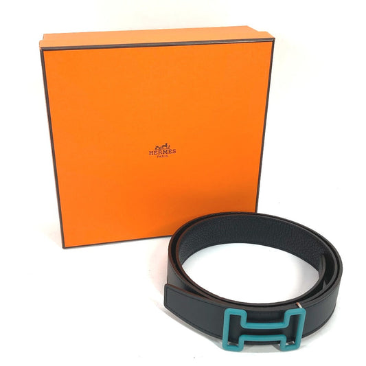 HERMES belt Boxcalf, Togo Black x blue H buckle Tonight mens 90  d