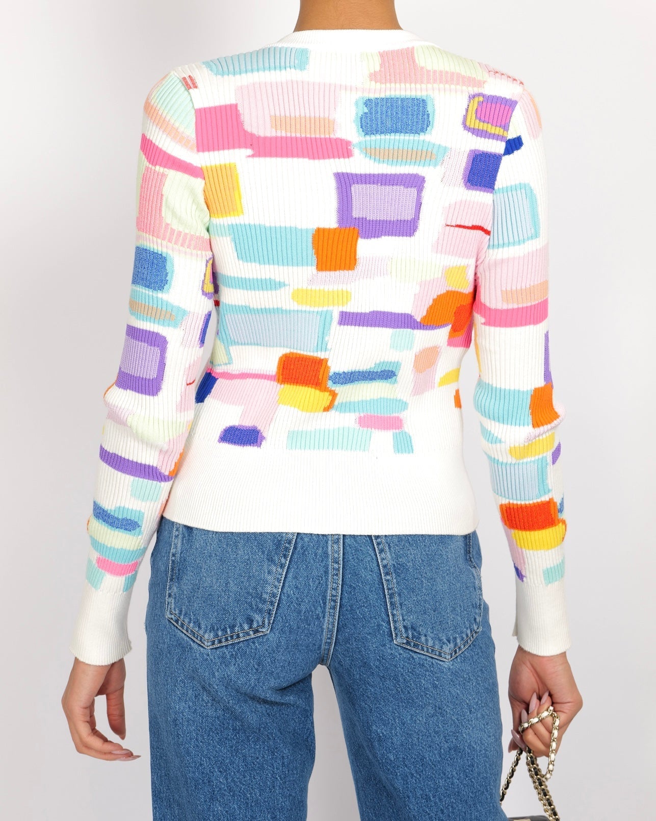 Chanel Spring 2019 White and Multi-Colour Ribbed Cardigan with Silver and White CC Logo Buttons Size FR 38 (UK 10)