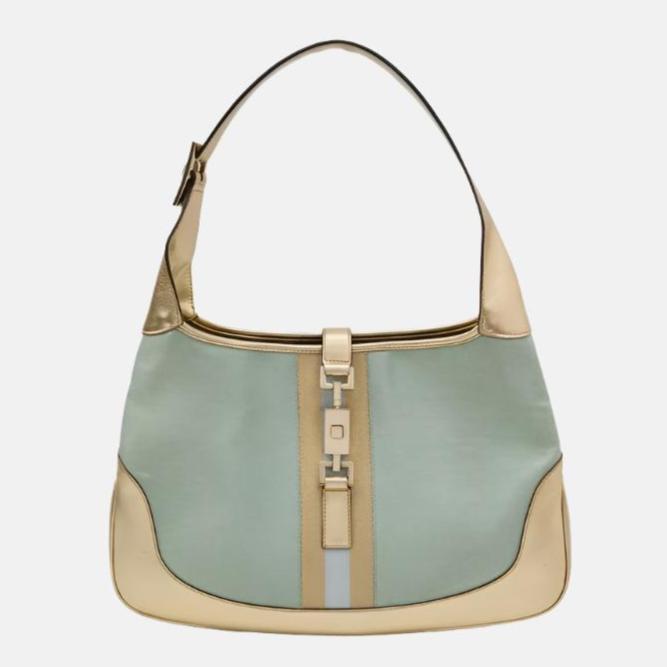 Gucci Jackie   Mini Blue Nylon with Gold Leather Shoulder Bag Medium