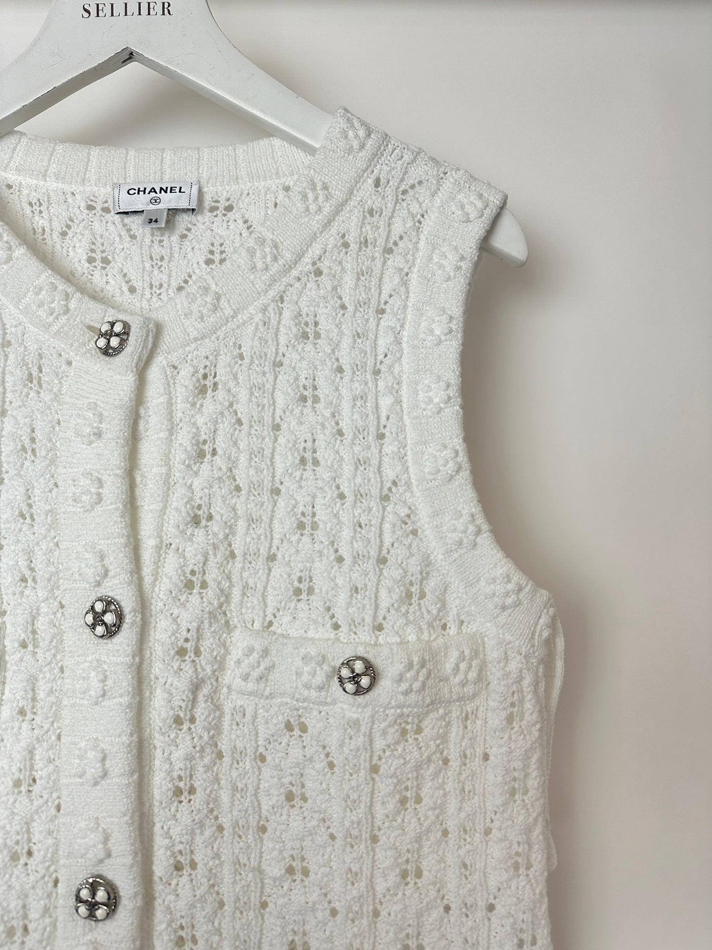 Chanel 24P White Knit Button Down Mini Dress with Pocket and CC Buttons Size FR 34 (UK 6)