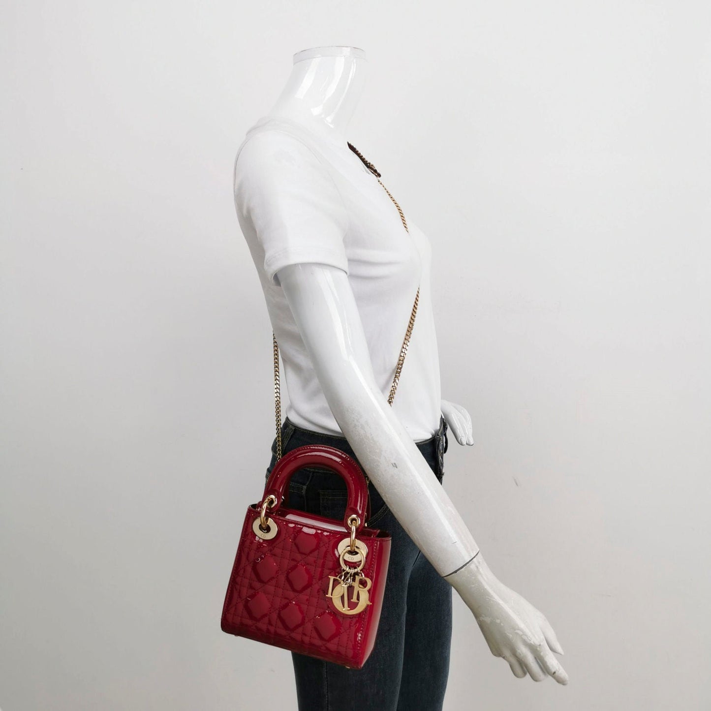 Lady Dior Mini Handbag Red Patent Leather Gold-tone Leather and Chain Strap