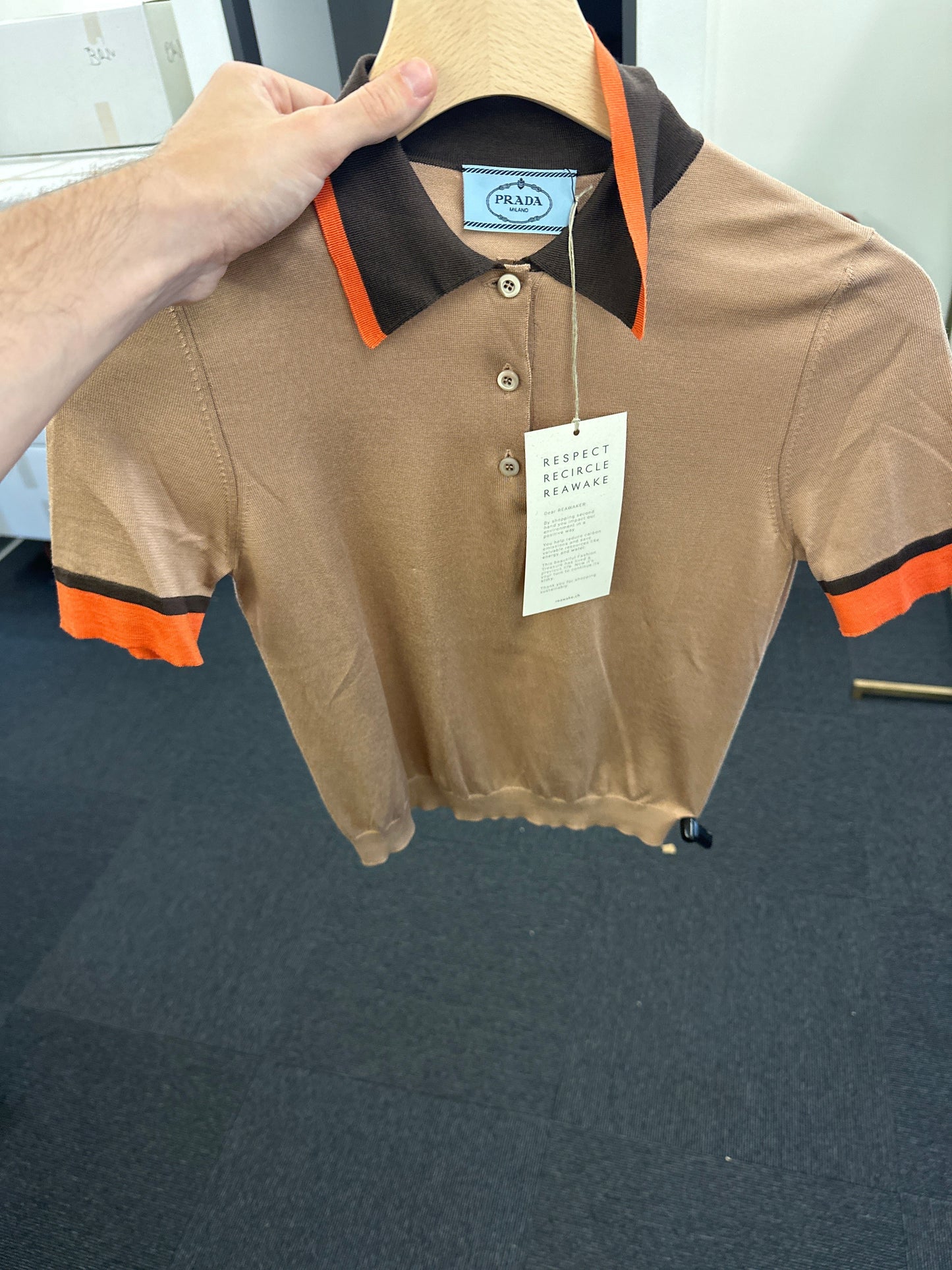 PRADA Contrast Seam Polo Beige Orange