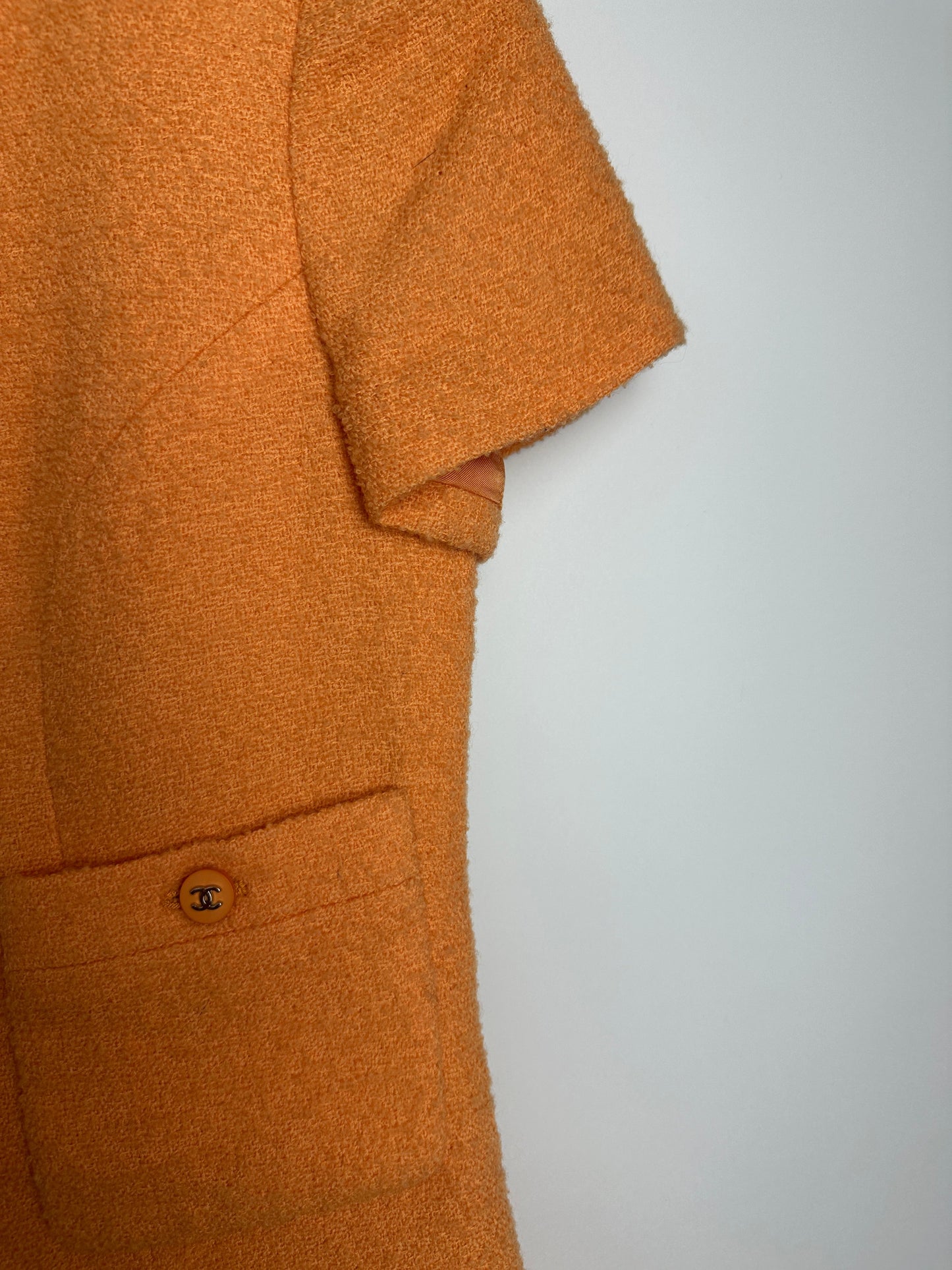 Chanel   Apricot Orange Tweed Short-Sleeve Mini Dress with CC Buttons Detail Size FR 38 (UK 10)