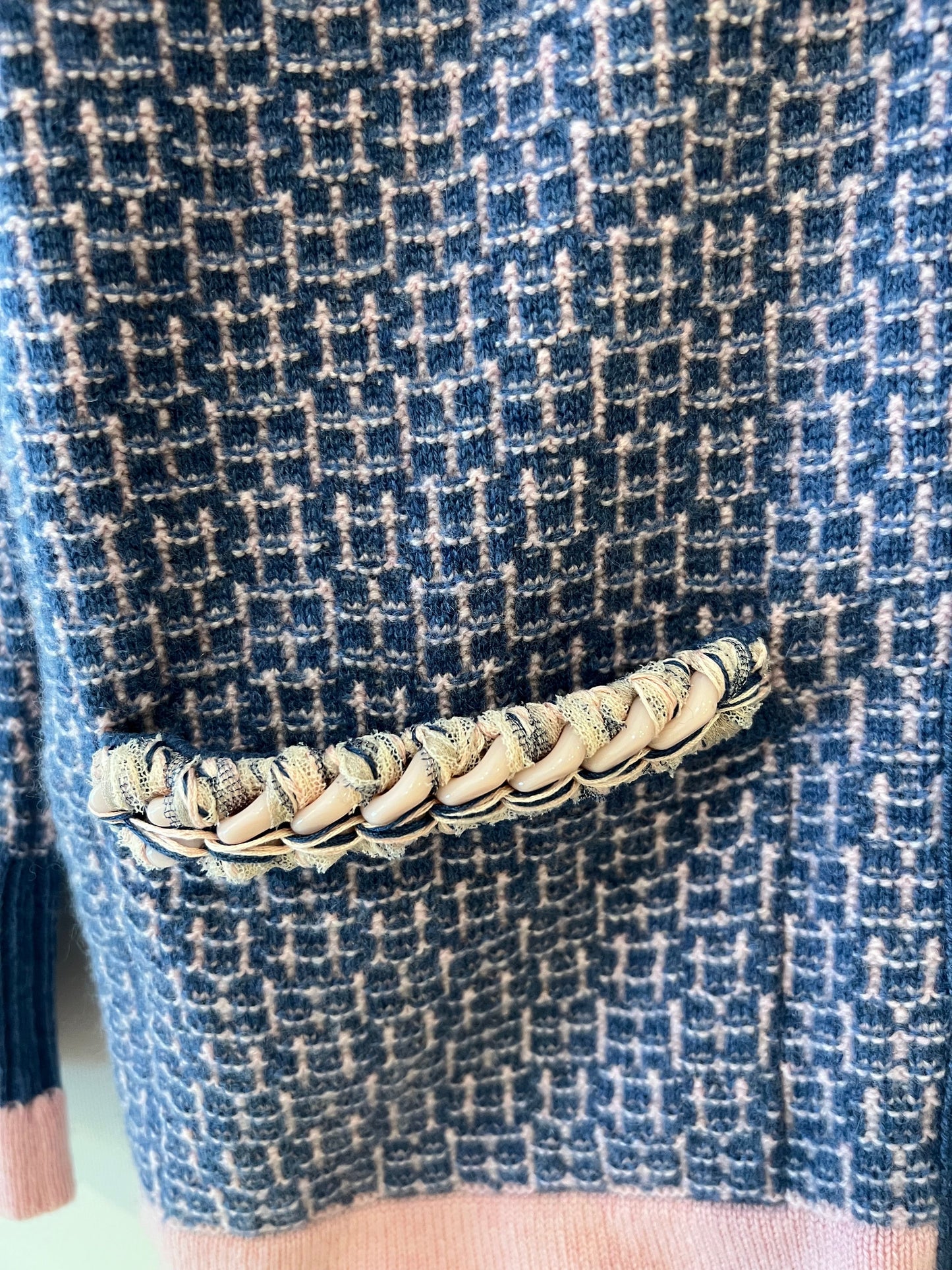 Chanel 11/C Blue and Pink Cashmere Knitted Cardigan with Braided Trim Detail Size FR 36 (UK 8)